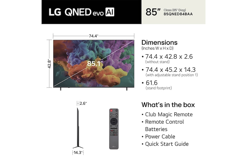 85 inch LG QNED evo AI QNED84 Mini LED 4K Smart TV 2026